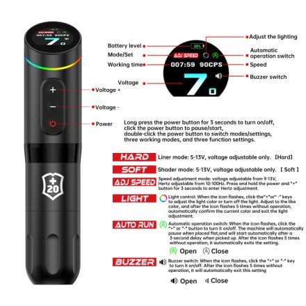 Jieciron Ultra vezeték nélküli tetoválógép 3.5mm (frekvenciamód, rgb led, mozgásérzékelés, állítható keménység, berregő mód ) 3.5mm & 4.2mm