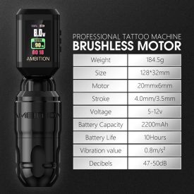   Ambition Lutin vezeték nélküli tetoválógép (3.5 - 4.0 mm stroke, kefe nélküli motor, 180g.cm, 2000mah)