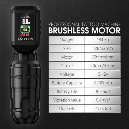 Ambition Lutin vezeték nélküli tetoválógép (3.5 - 4.0 mm stroke, kefe nélküli motor, 180g.cm, 2000mah)