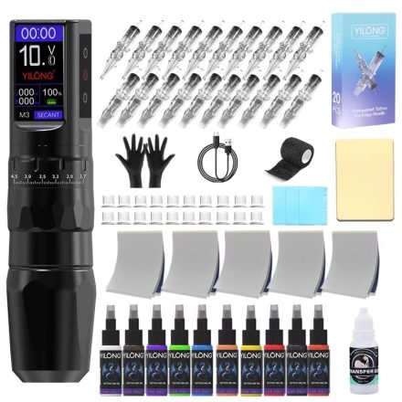 Yilong Vida komplett tetováló szett (Állítható stroke, 1200mah, 10 festék)