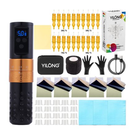 Yilong komplett tetováló szett (állítható stroke, 1300mah,  20 tűmodul,  1 bőr, 5 indigó)