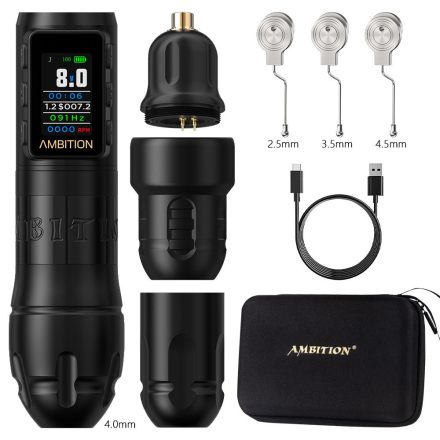 Ambition Vibe Max vezeték nélküli tetoválógép (2.5- 3.5- 4.0- 4.5mm stroke, frekvenciamód, 8v jumpstart mód, 1 akkumulátor)